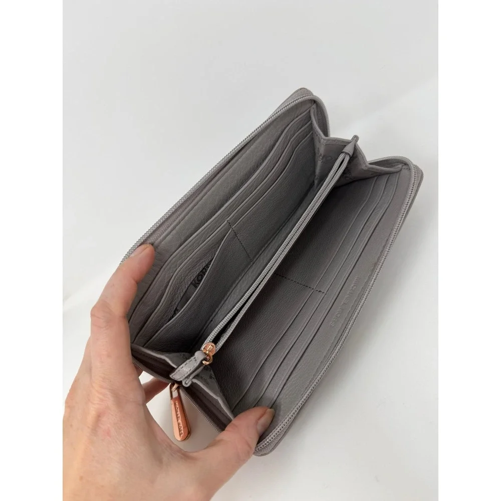Michael Kors Zip Around Wallet Gray Leather Rose Gold‎ Hardware Continental